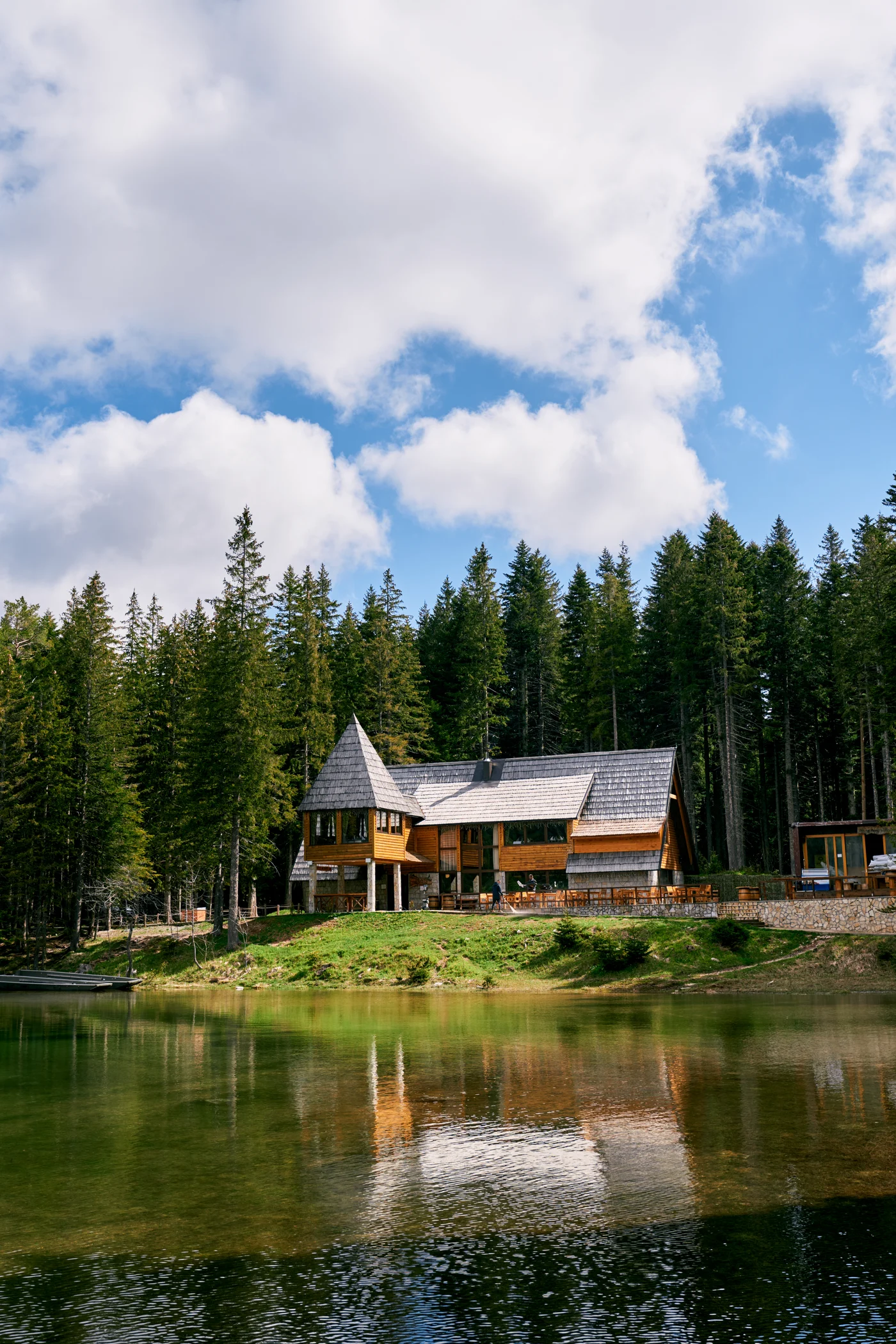 Contemporary Pacific Northwest home nestled among tall evergreen trees